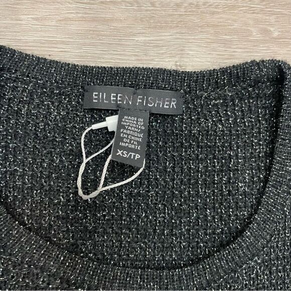 Eileen Fisher Wool Black Metallic Lightweight Crew Neck Sweater Size XS - Picture 3 of 5